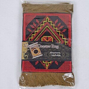 Arabic Rug Set of 4 Drink Coasters Red Black Yellow Gold Fringed Ends NWT